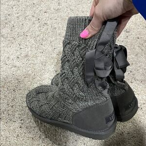 UGG Gray Knit Boots with Ribbon Accent